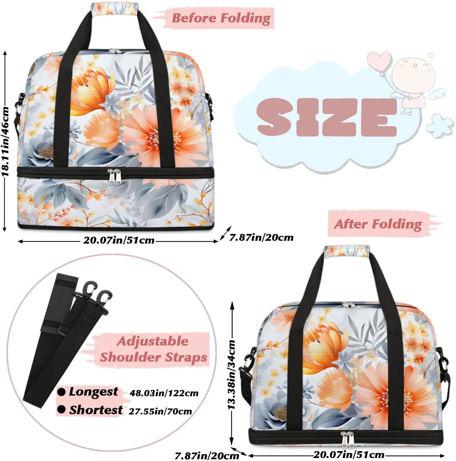 Delicate Patterns Flower Retro Travel Duffle Bag, Collapsible Travel Bag Sports Gym Bag With Shoes Compartment Weekender Bag Overnight Bag For Women Men