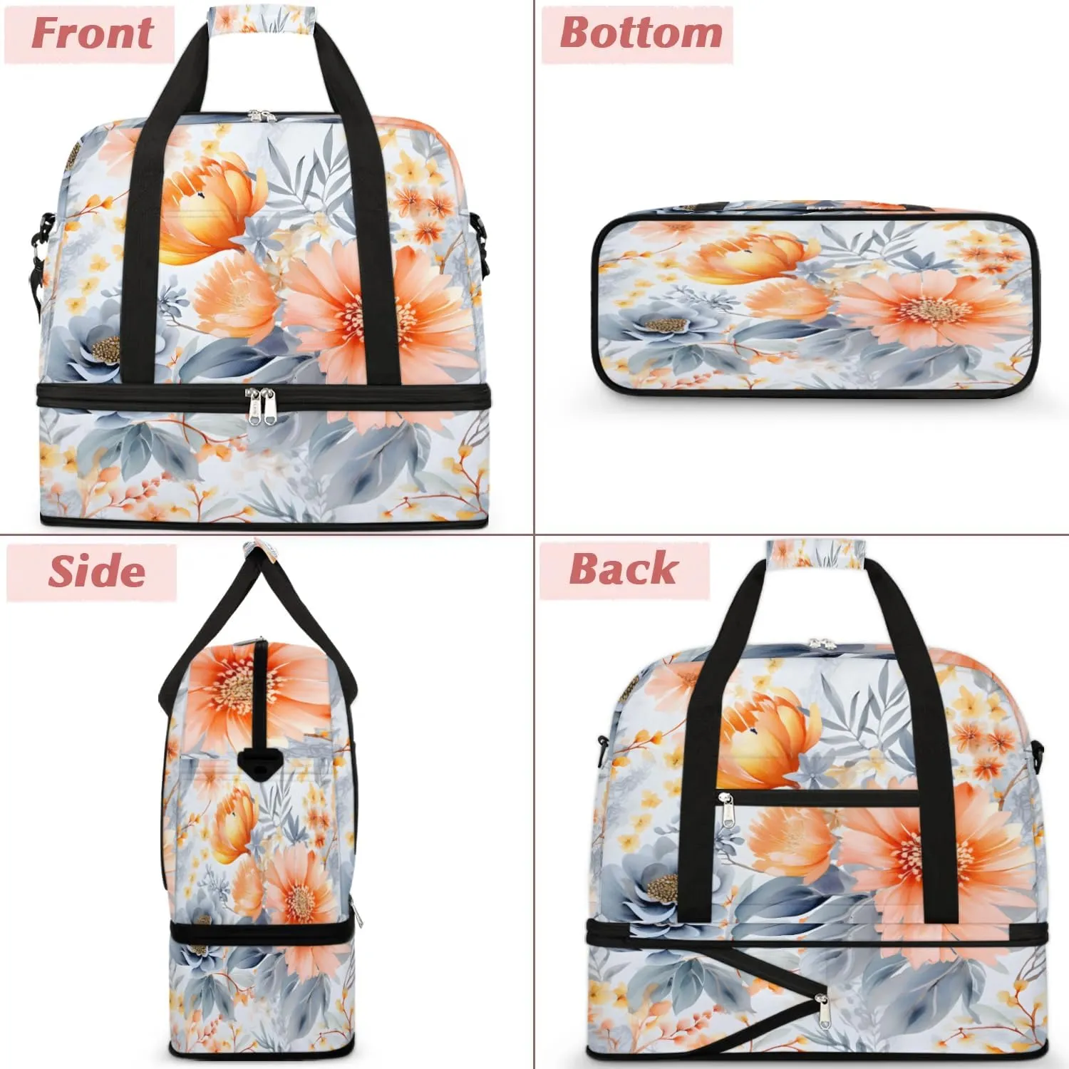 Delicate Patterns Flower Retro Travel Duffle Bag, Collapsible Travel Bag Sports Gym Bag With Shoes Compartment Weekender Bag Overnight Bag For Women Men