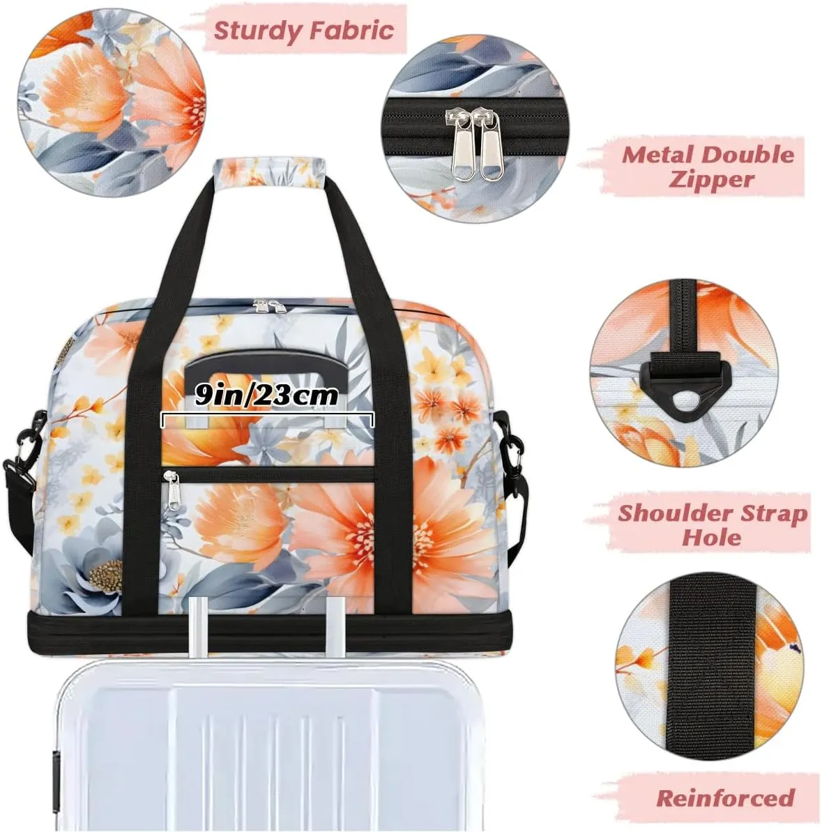 Delicate Patterns Flower Retro Travel Duffle Bag, Collapsible Travel Bag Sports Gym Bag With Shoes Compartment Weekender Bag Overnight Bag For Women Men