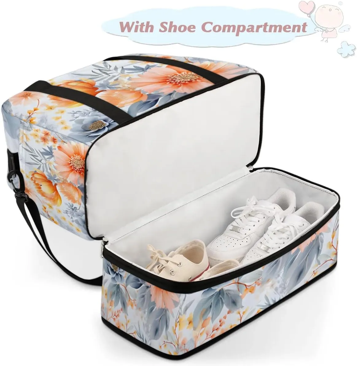 Delicate Patterns Flower Retro Travel Duffle Bag, Collapsible Travel Bag Sports Gym Bag With Shoes Compartment Weekender Bag Overnight Bag For Women Men