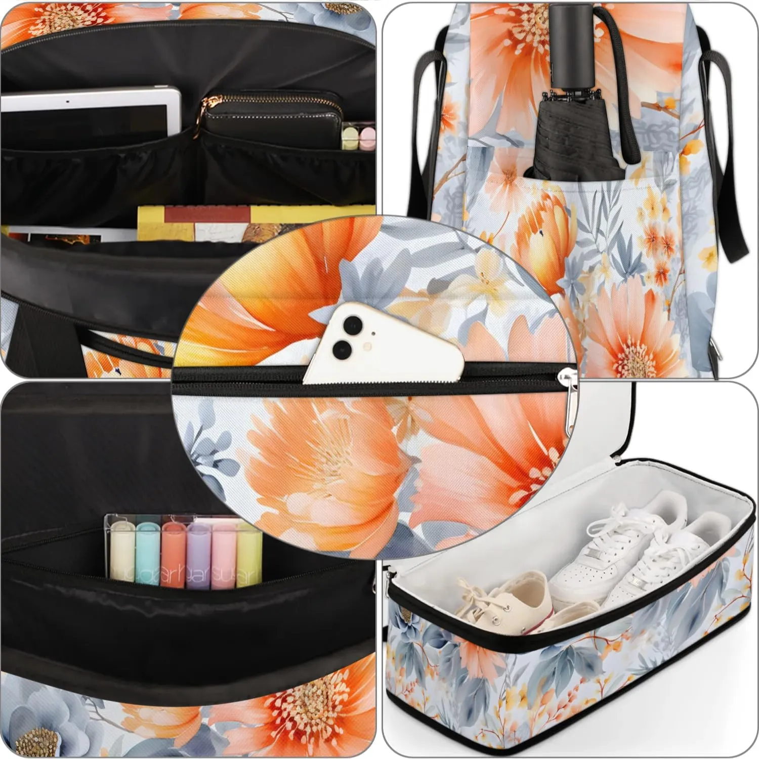 Delicate Patterns Flower Retro Travel Duffle Bag, Collapsible Travel Bag Sports Gym Bag With Shoes Compartment Weekender Bag Overnight Bag For Women Men