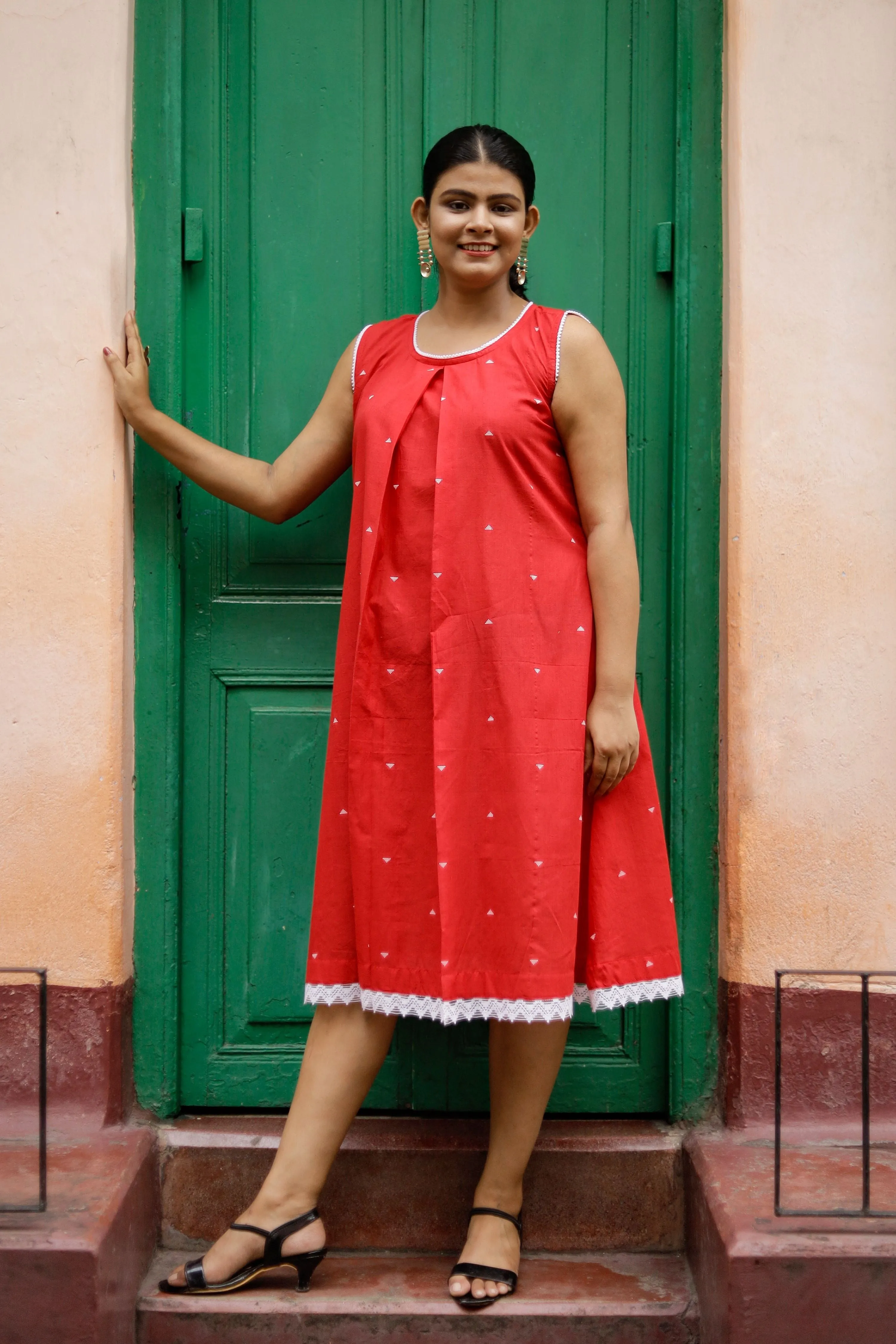 Dhriti- Pure Cotton Red Dress with crochet lace-work