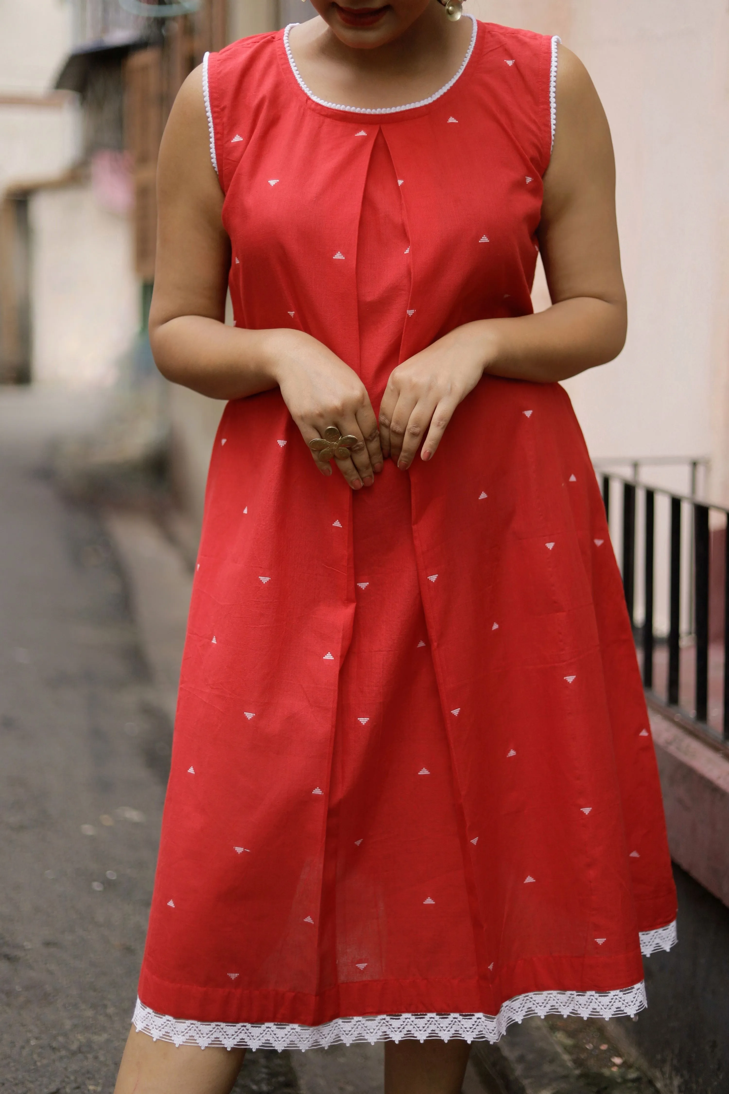 Dhriti- Pure Cotton Red Dress with crochet lace-work