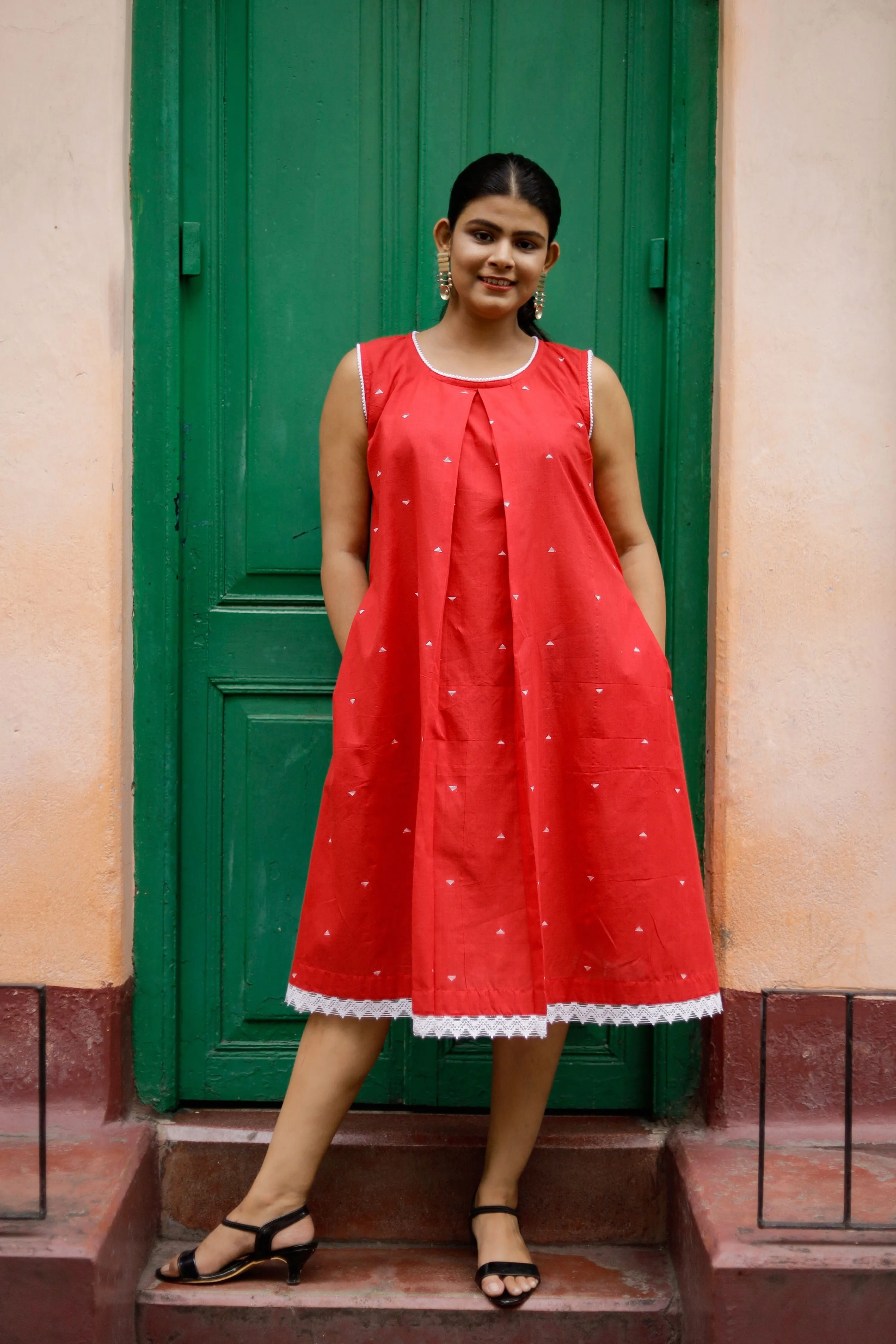 Dhriti- Pure Cotton Red Dress with crochet lace-work