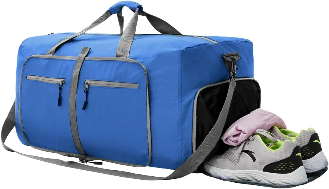 Dimayar Travel Duffle Bag for Men Women - Foldable Duffel Bag with Shoes Compartment - Overnight Bags Waterproof & Tear Resistant(65L,Navy Blue)