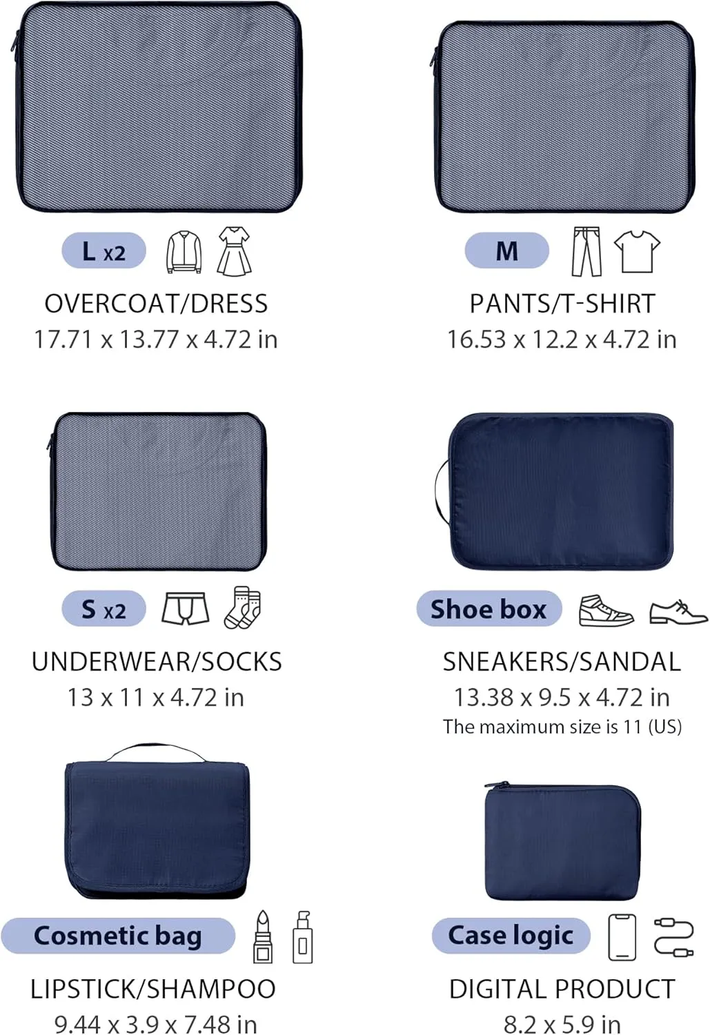 DIMJ Packing Cubes for Travel - 8 Pcs Travel Cubes for Suitcase Lightweight Travel Essential Bag with Large Toiletries Bag for Clothes Shoes Cosmetics Toiletries (Navy Blue)