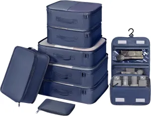 DIMJ Packing Cubes for Travel - 8 Pcs Travel Cubes for Suitcase Lightweight Travel Essential Bag with Large Toiletries Bag for Clothes Shoes Cosmetics Toiletries (Navy Blue)