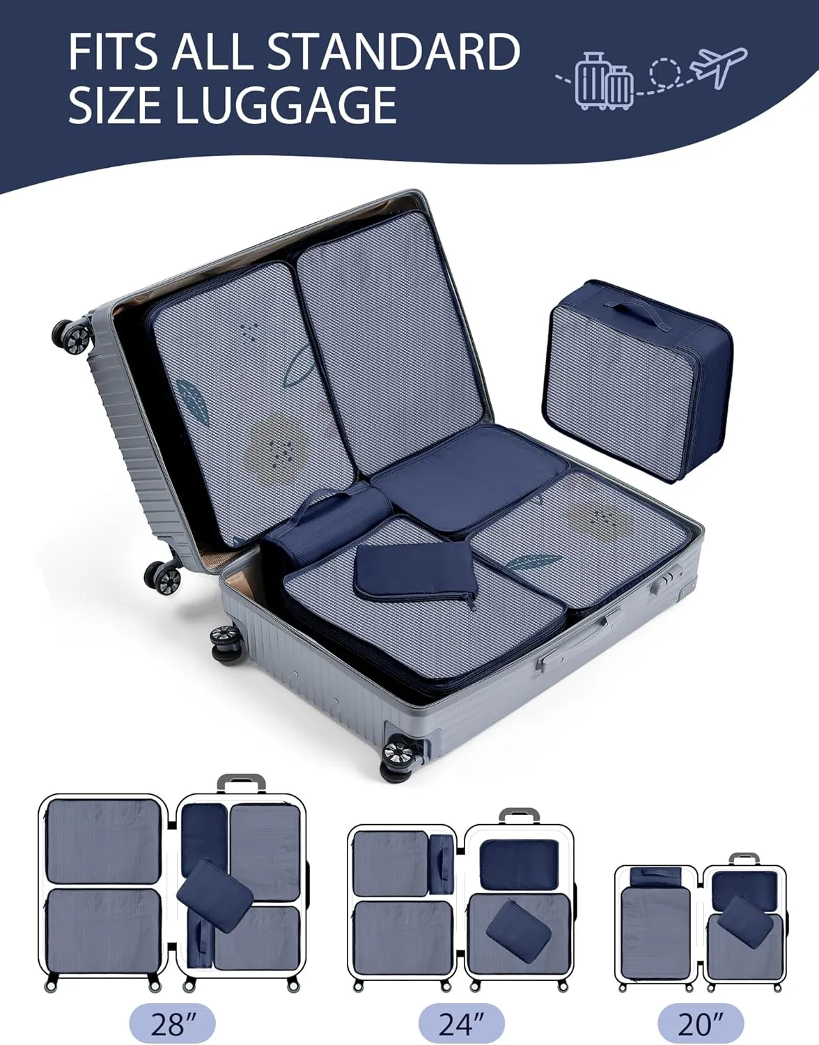 DIMJ Packing Cubes for Travel - 8 Pcs Travel Cubes for Suitcase Lightweight Travel Essential Bag with Large Toiletries Bag for Clothes Shoes Cosmetics Toiletries (Navy Blue)