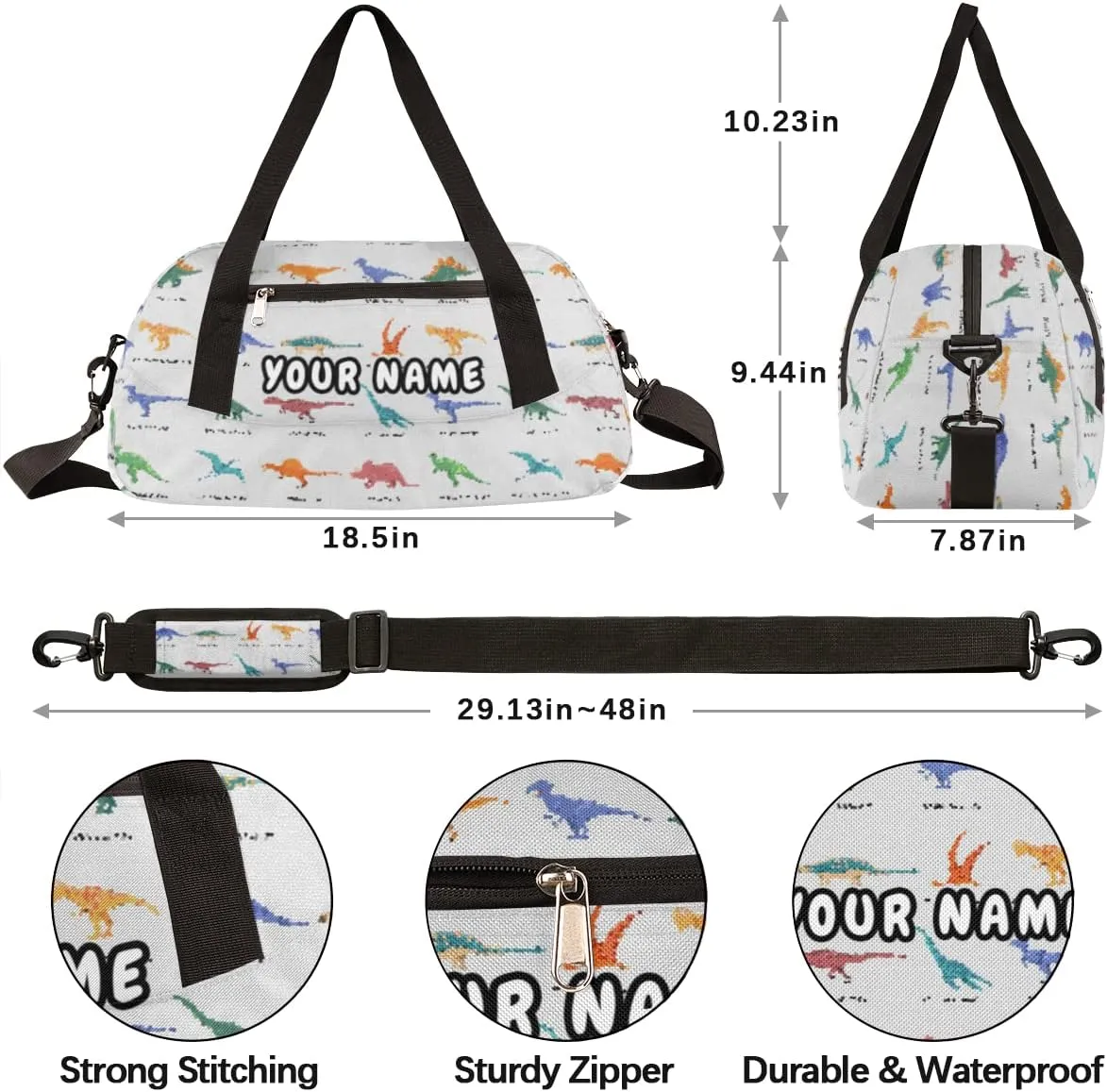 Dinosaur Set Pattern Personalized Kids Duffel Bag for Girls Boys, Dinosaur Debris Custom Dance Bag Overnight Small Duffel Bag Carry On Weekend Sports Travel Bag for School Practice Gymnastics Ballet