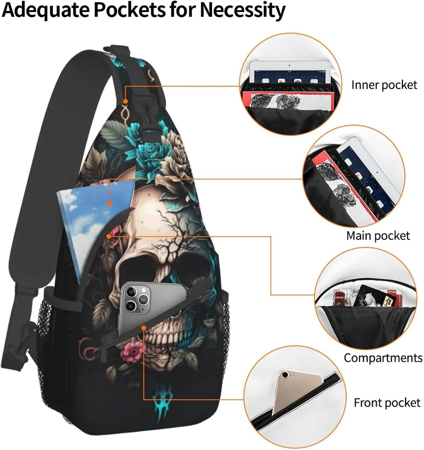 Dog Paw Sling Bag for Women Men Chicken Crossbody Bags Sunflower Chest Bag Gothic Skull Daypack Shoulder Bag Backpack (gothic skull)