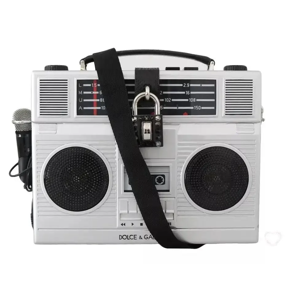 Dolce & Gabbana Silver Retro Radio Boombox Limited Edition Handmade Wood Bag