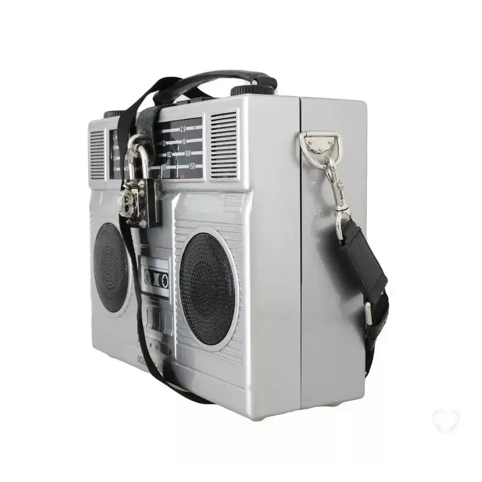 Dolce & Gabbana Silver Retro Radio Boombox Limited Edition Handmade Wood Bag