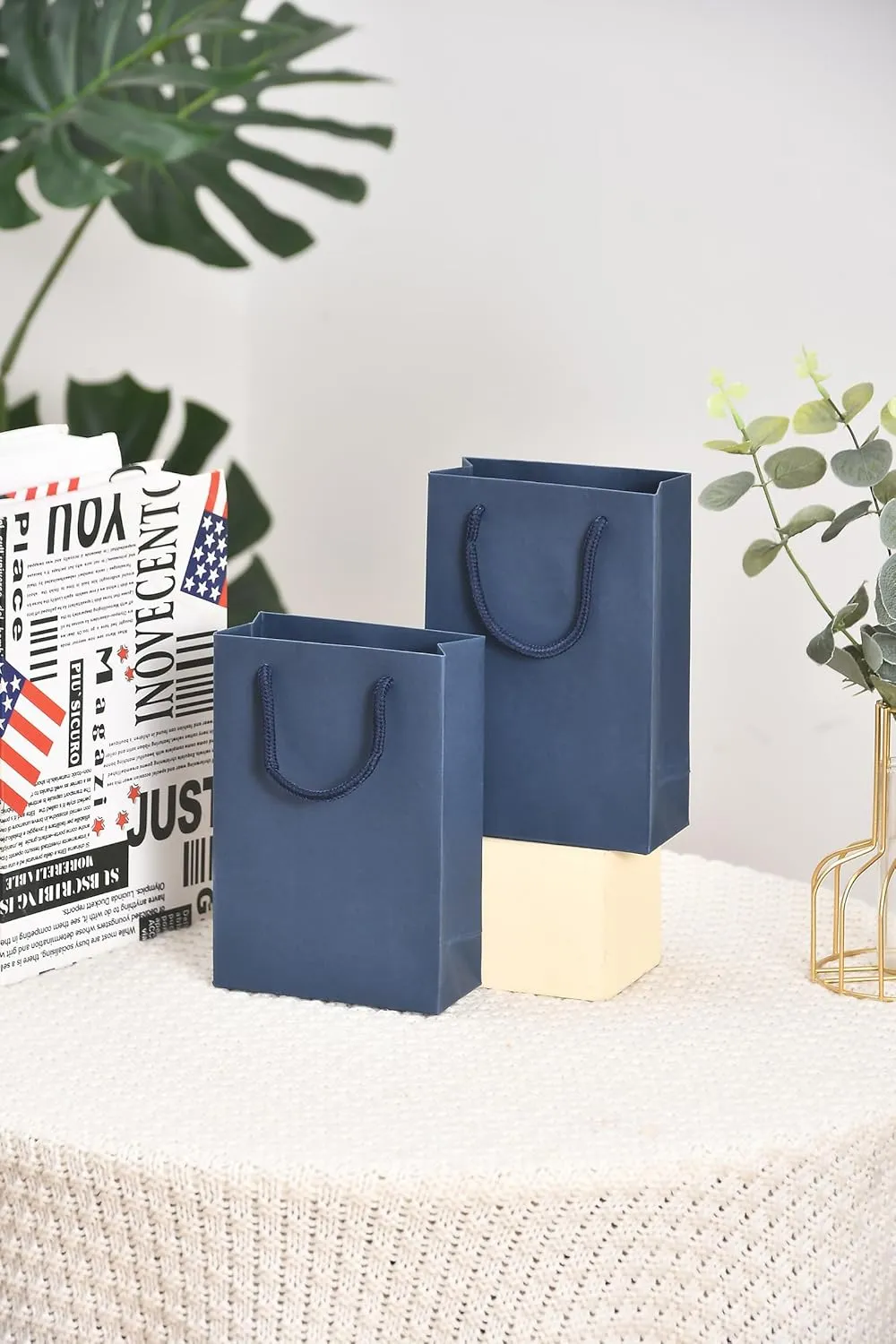 Drienv Navy Blue Gift Bags - 50 Pack, 5x2x7.5 inches, Cotton Handle, Party Packaging