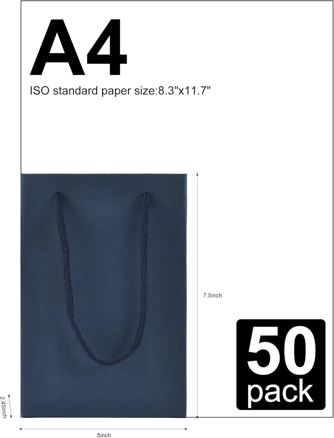 Drienv Navy Blue Gift Bags - 50 Pack, 5x2x7.5 inches, Cotton Handle, Party Packaging