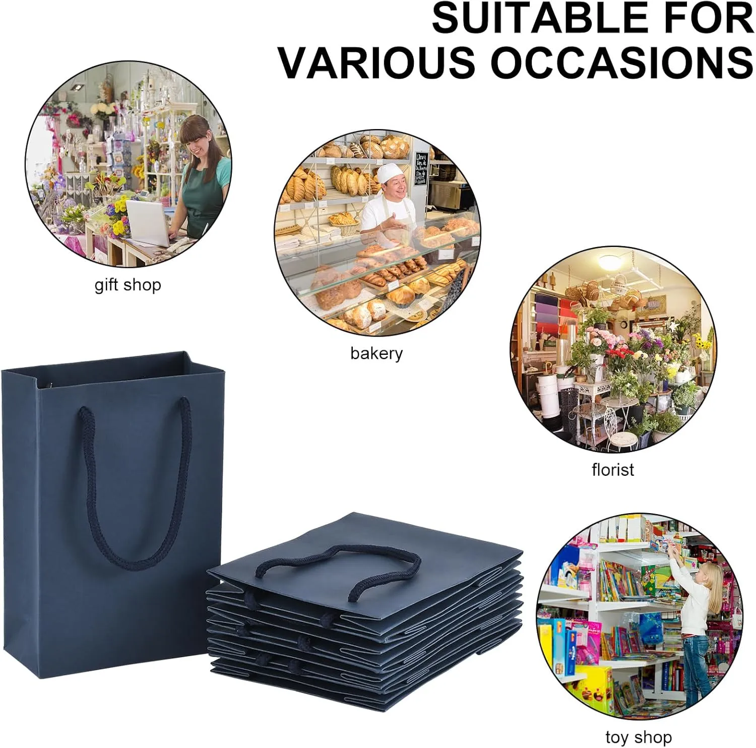 Drienv Navy Blue Gift Bags - 50 Pack, 5x2x7.5 inches, Cotton Handle, Party Packaging