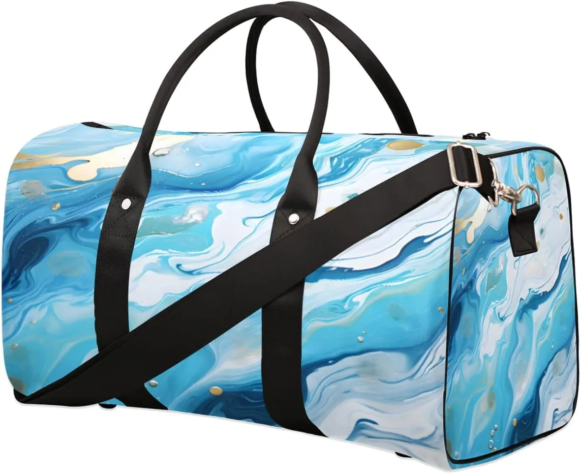 Duffel Bags Marbling Pattern Large Tote Bag Liquid Texture Blue Overnight Travel Bags for Women Men Lightweight Duffel Bag Adjustable Strap Carry On Bag Waterproof Gym Travel Bag