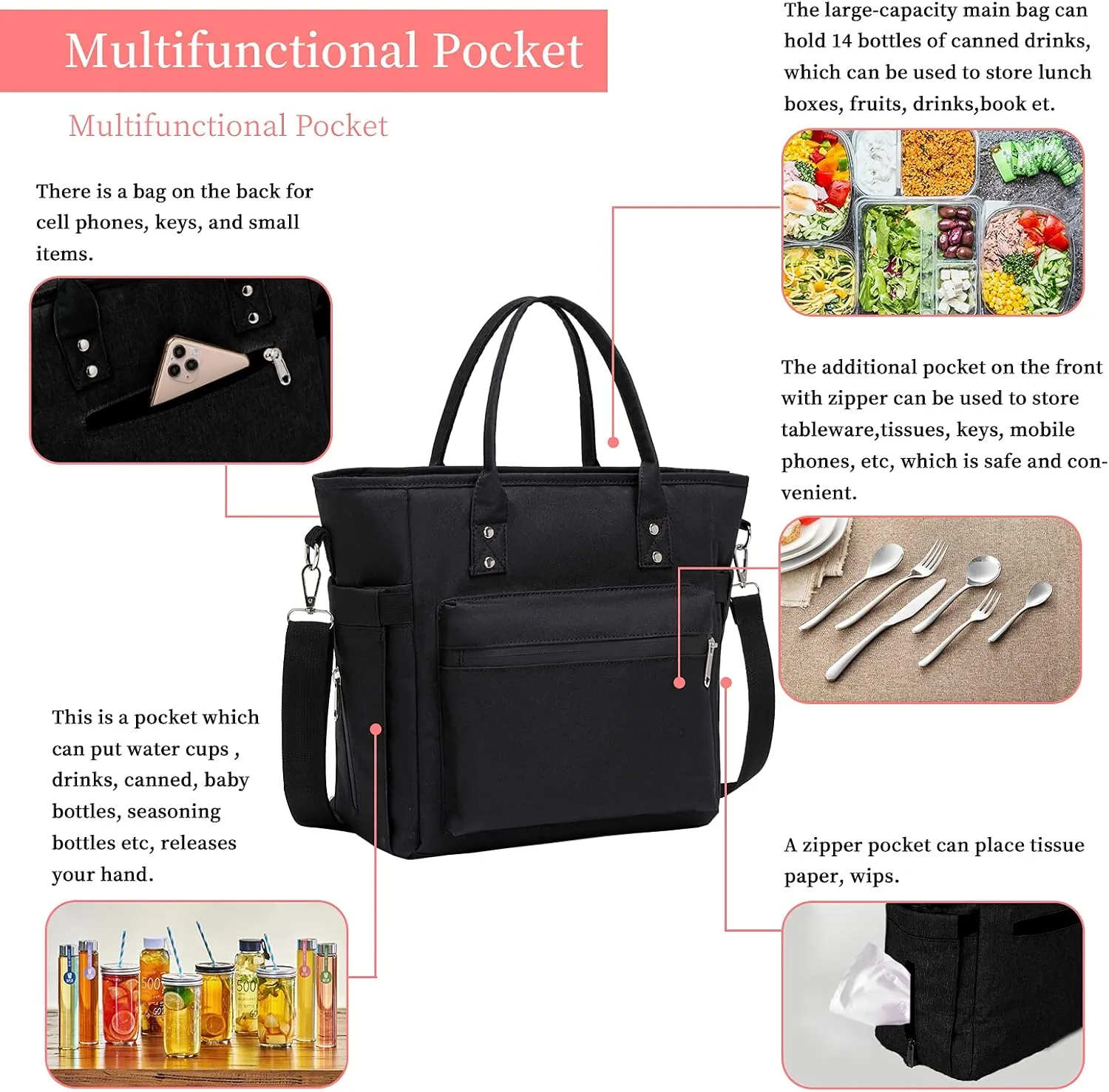 Durable Insulated Lunch Bag Thermal Food Storage Tote Bags Water Resistant Ice Cooler with Long Shoulder Strap Big Volume Lunch Boxes For Adult Men Women Picnic Working Outing (Black)