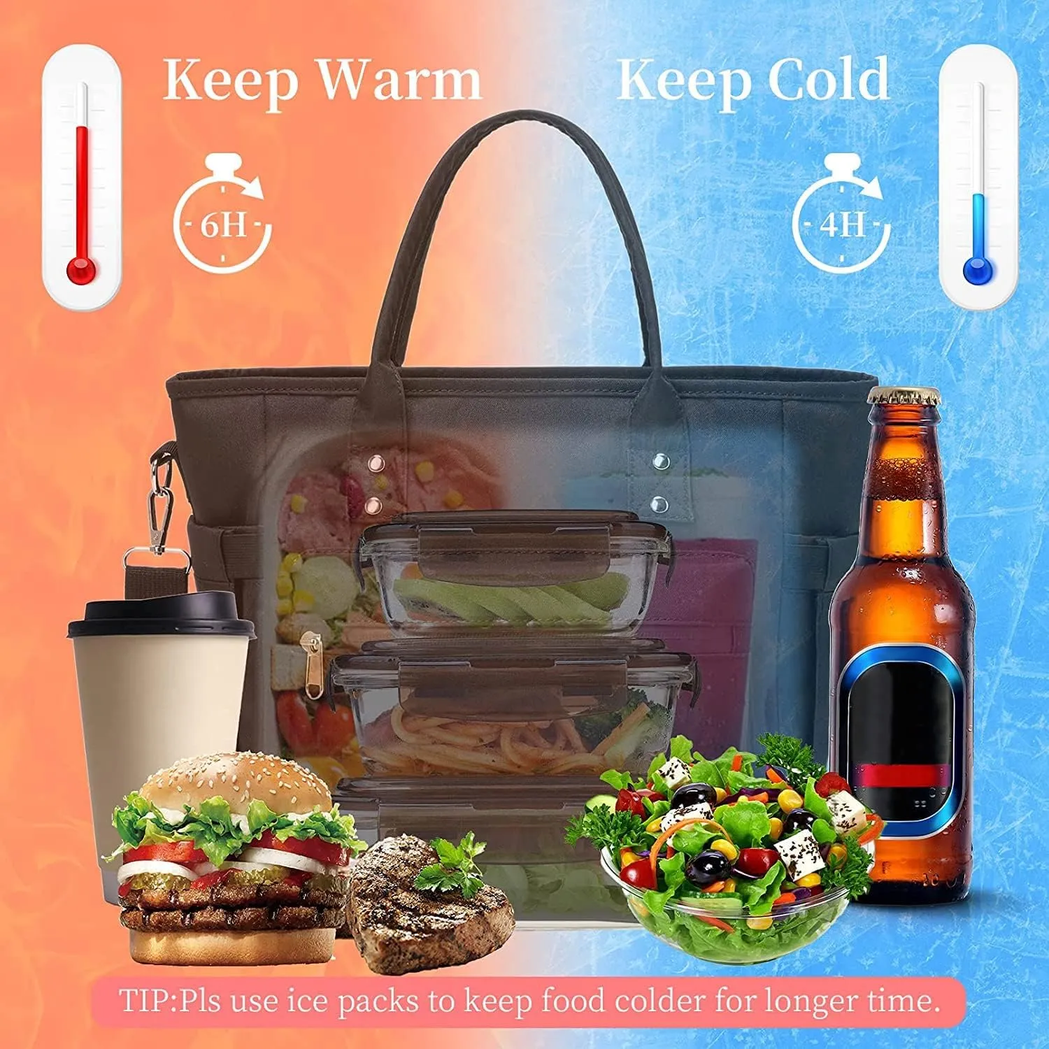 Durable Insulated Lunch Bag Thermal Food Storage Tote Bags Water Resistant Ice Cooler with Long Shoulder Strap Big Volume Lunch Boxes For Adult Men Women Picnic Working Outing (Black)