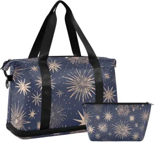 Dwarf 4th Of July Navy Blue and Rose Gold Travel Tote Gym Bag Carry on Weekender Overnight Bag with Adjustable Strap for Travel 2 Pcs Set