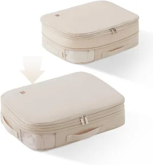 Eachy 3-Pack Travel Space Saver Bags, Clear Down Jacket Compression Bags Lightweight & Durable Travel Essentials, Perfect for Suitcase Organization & Luggage Compression (Beige, Medium)
