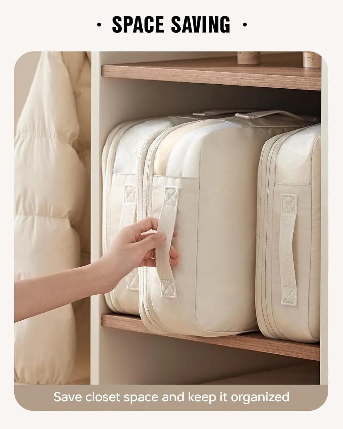 Eachy 3-Pack Travel Space Saver Bags, Clear Down Jacket Compression Bags Lightweight & Durable Travel Essentials, Perfect for Suitcase Organization & Luggage Compression (Beige, Medium)