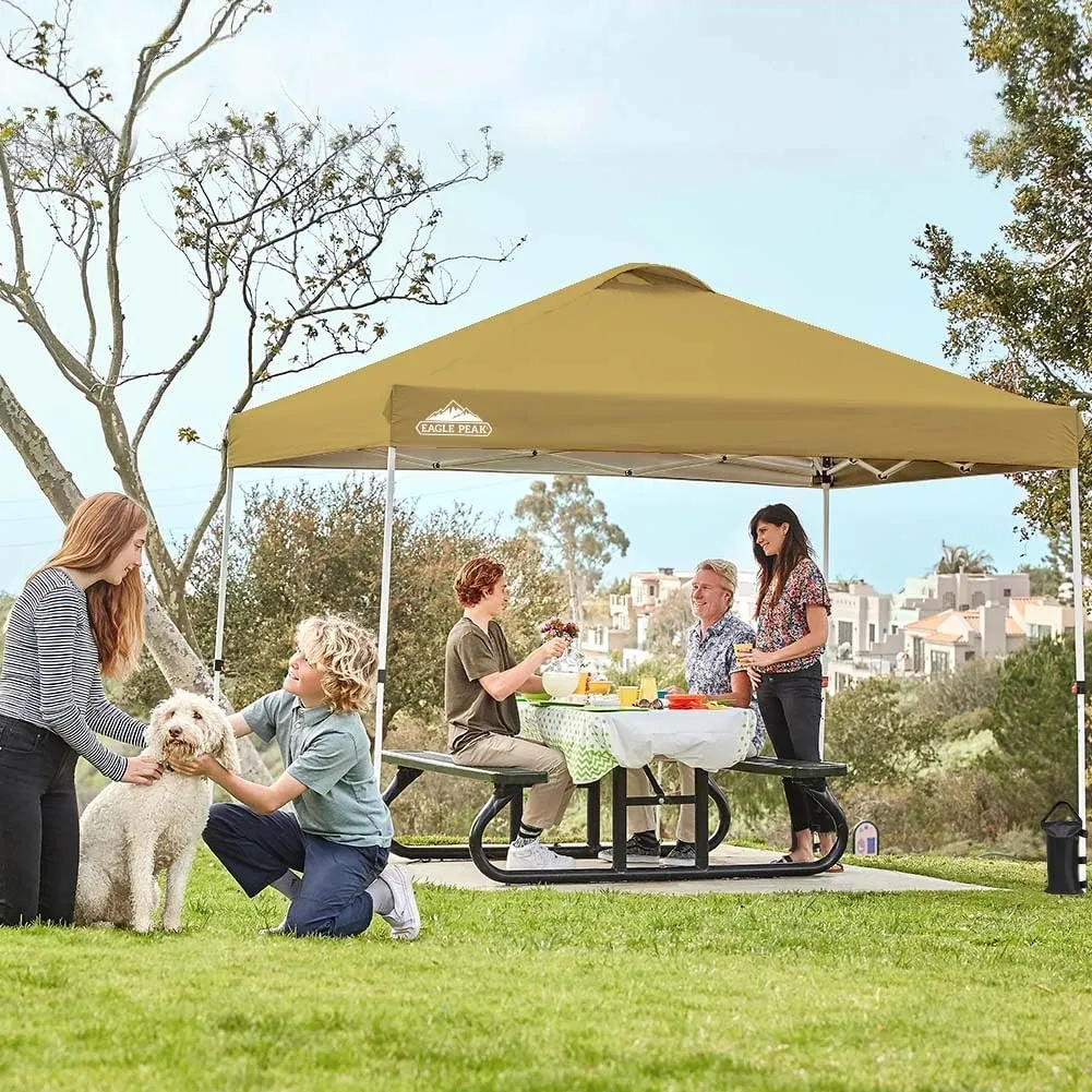 EAGLE PEAK Pop Up Canopy Tent with Wheeled Carry Bag, 8 Stakes, 4 Ropes, 4 Weight Bags, Easy Set Up Tent Canopy, 10x10 ft, 100sqft of Shade, Beige