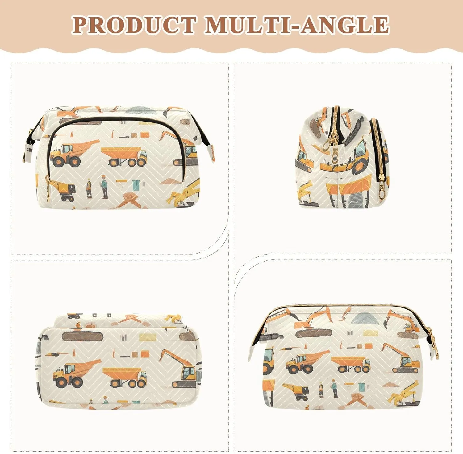 Excavator Pattern Beige Travel Bag Portable Travel Cosmetic Bags Women Cash Wallet for Card Key Organizers
