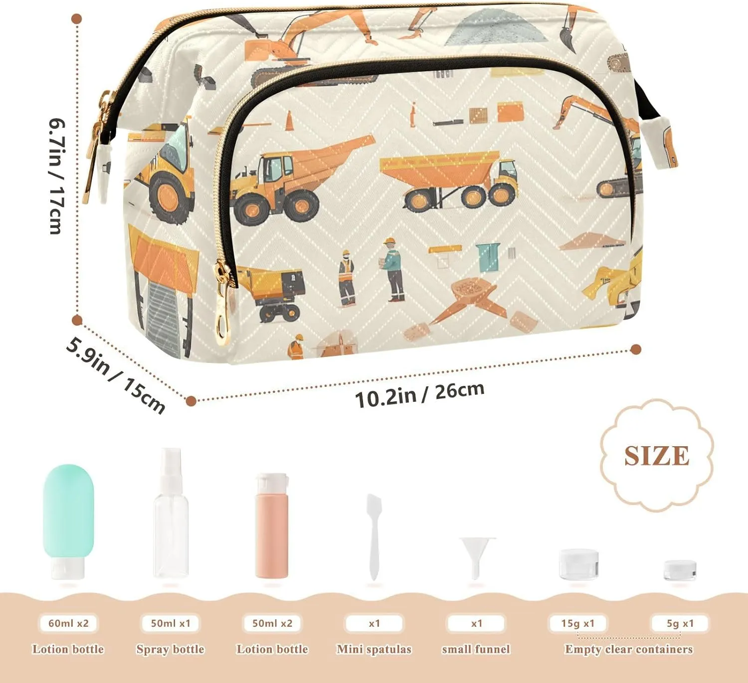 Excavator Pattern Beige Travel Bag Portable Travel Cosmetic Bags Women Cash Wallet for Card Key Organizers