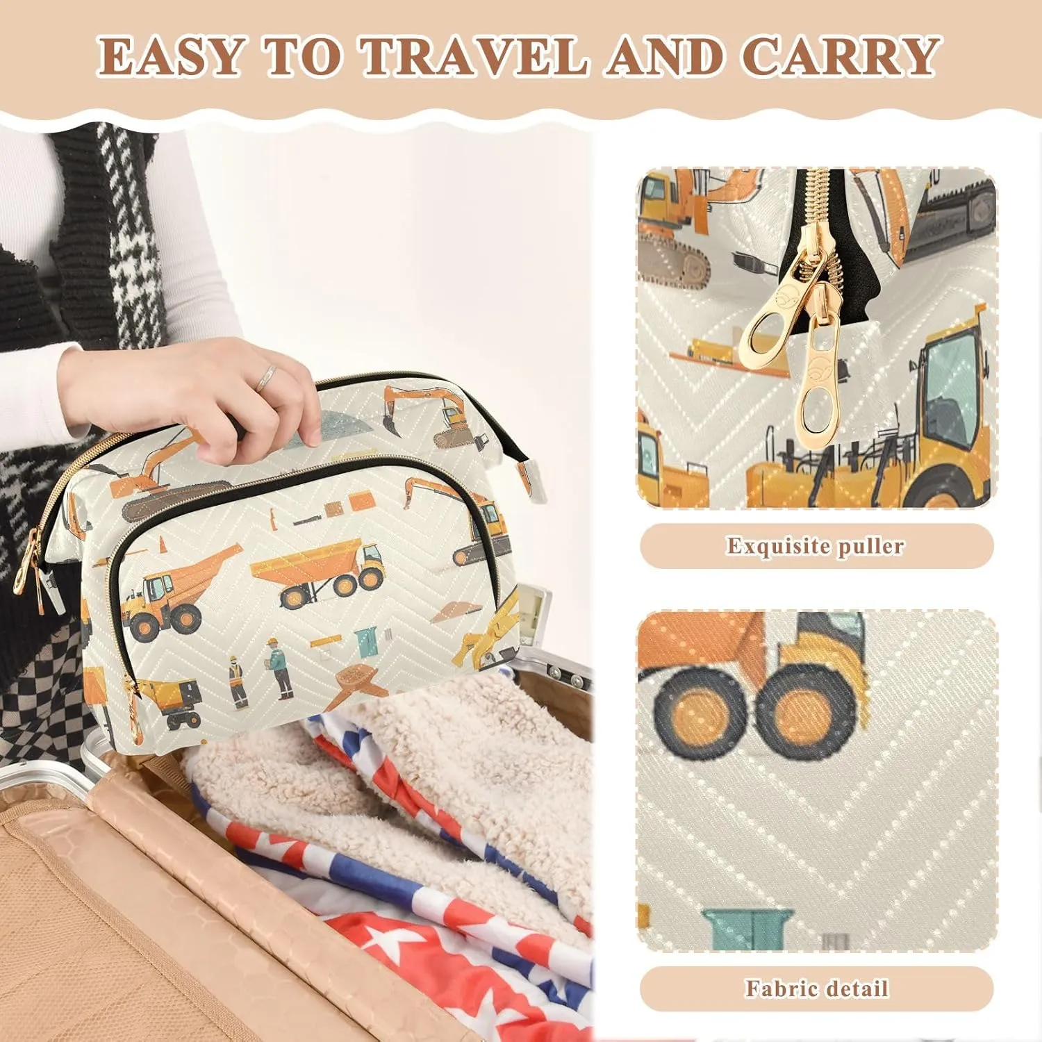 Excavator Pattern Beige Travel Bag Portable Travel Cosmetic Bags Women Cash Wallet for Card Key Organizers