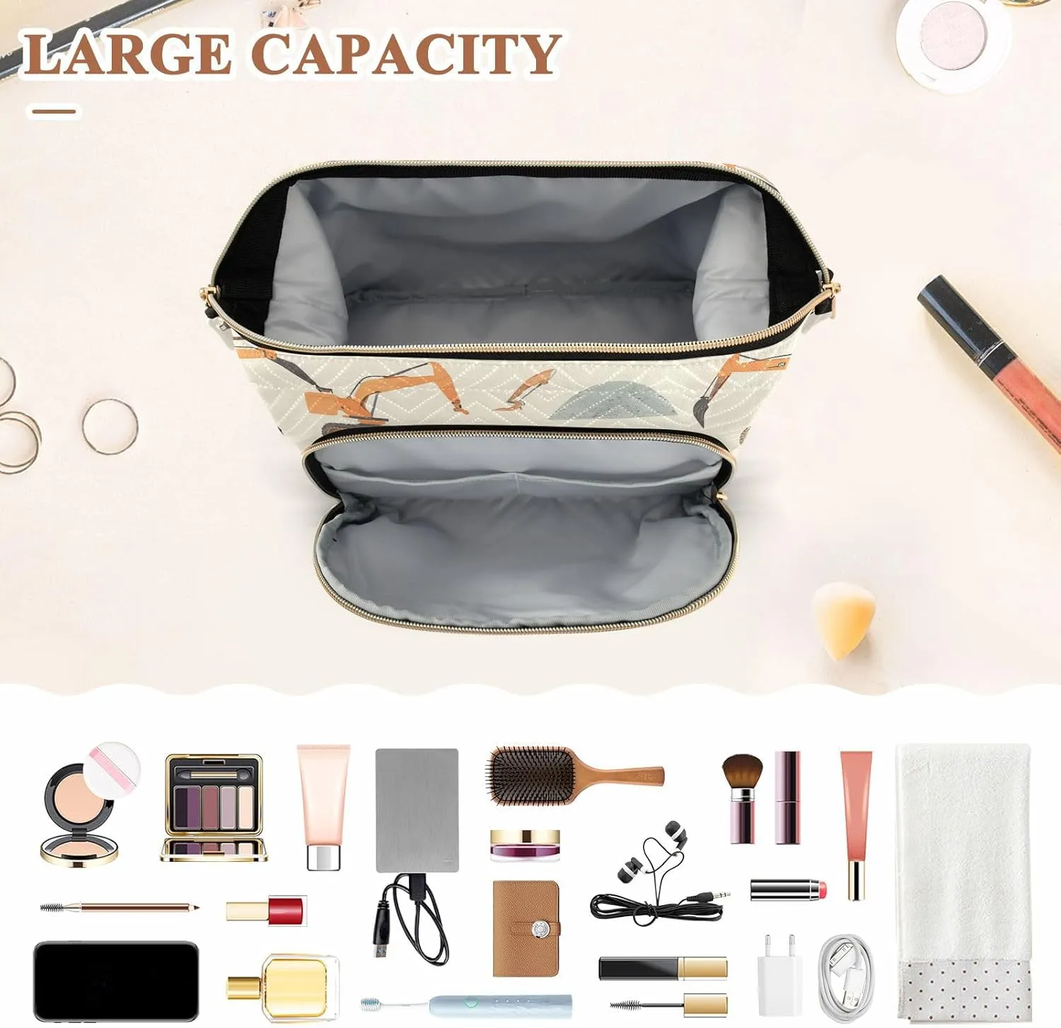Excavator Pattern Beige Travel Bag Portable Travel Cosmetic Bags Women Cash Wallet for Card Key Organizers