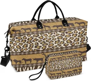 Exnundod Ethnic African Theme Travel Duffel Bags for Women Wild Animal Skin Sports Gym Bag Weekender Carry On Tote Overnight Luggage Duffle Bags