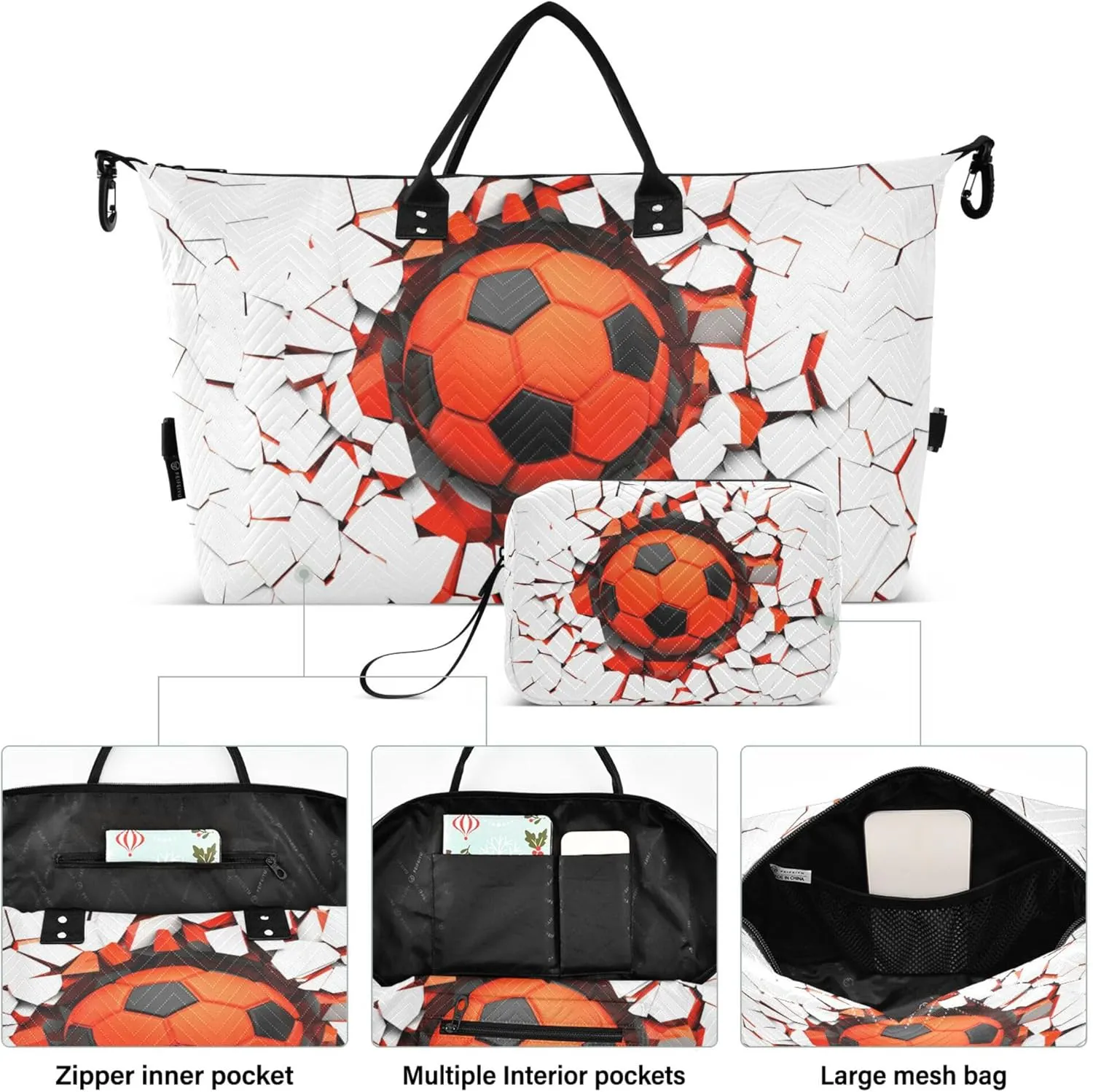 Exnundod Women Weekender Bags Black-orange Soccer Ball Travel Duffel Bags Carry On Overnight Bag Football Large Hospital Tote Luggage