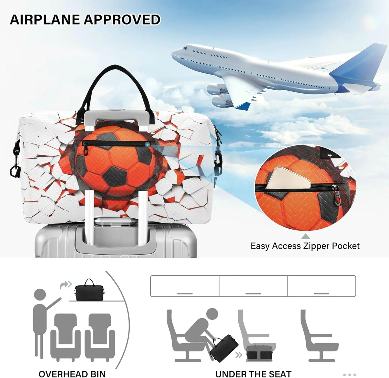 Exnundod Women Weekender Bags Black-orange Soccer Ball Travel Duffel Bags Carry On Overnight Bag Football Large Hospital Tote Luggage