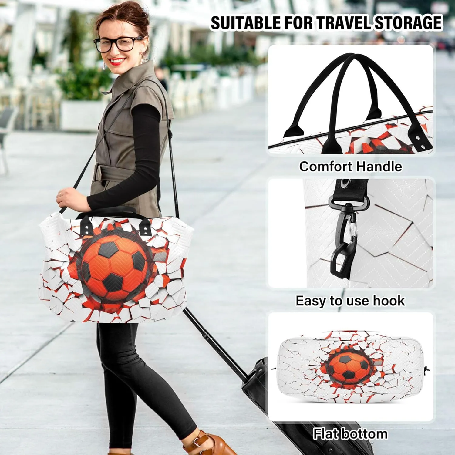 Exnundod Women Weekender Bags Black-orange Soccer Ball Travel Duffel Bags Carry On Overnight Bag Football Large Hospital Tote Luggage