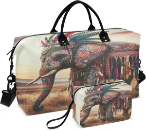 Exnundod Women Weekender Bags Boho Elephant Multicolor Travel Duffel Bags Carry On Overnight Bag Africa Animal Large Hospital Tote Luggage