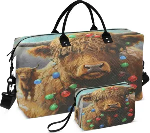 Exnundod Women Weekender Bags Highland Cattle Winter Travel Duffel Bags Carry On Overnight Bag Color Lights Large Hospital Tote Luggage