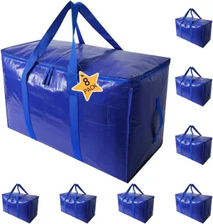 Extra Large Moving Bags Heavy Duty Totes for Storage Packing, Space Saving, Traveling, with Zippers & Strong Carrying Handles (Set of 8)