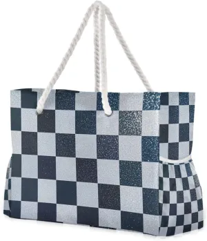 Fake Glitter Checkerboard Squares White Navy Blue Personal Item Bag Waterproof Sandproof with side pockets Large Zipper Tote Bag for Weekend Travel