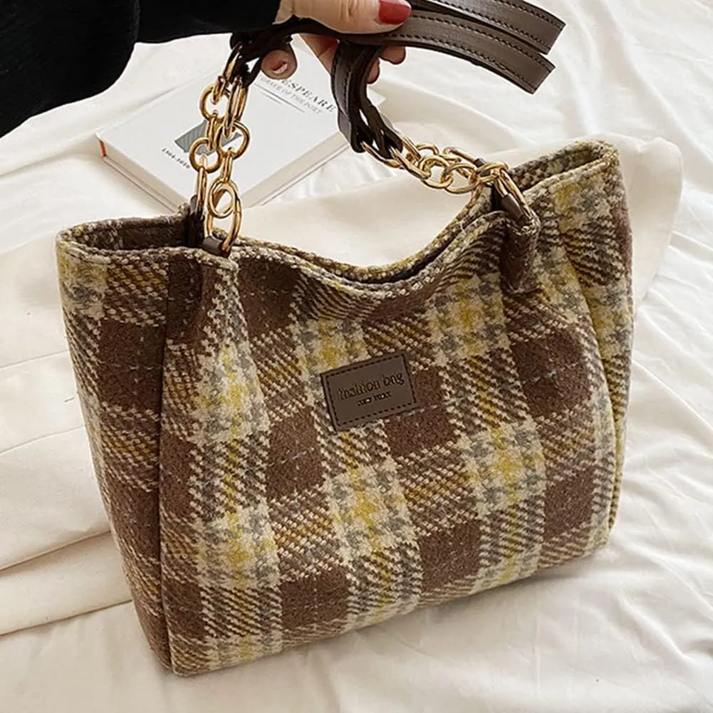 Fashion Shoulder Hobo Bags for Women Wool Tweed Tote Bags Plaid Pattern Bowknot Handbags and Purses Large Capacity