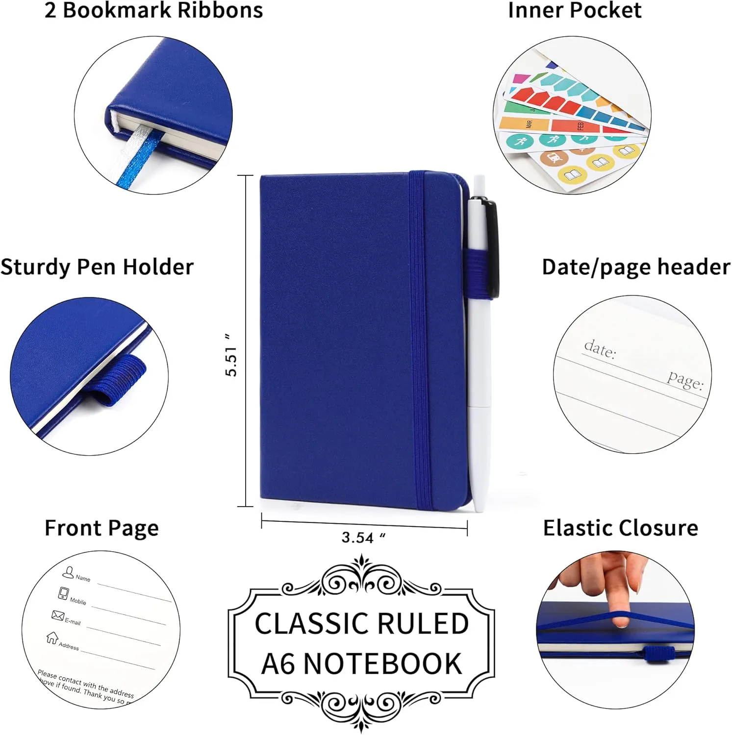 feela 15 Pack Pocket Small Notebooks Bulk, Mini Cute Notepads Hardcover College Ruled Lined Journals with Pen Holder for School Business Memos, with 15 Black Pens, 3.5”x 5.5”, A6, Navy