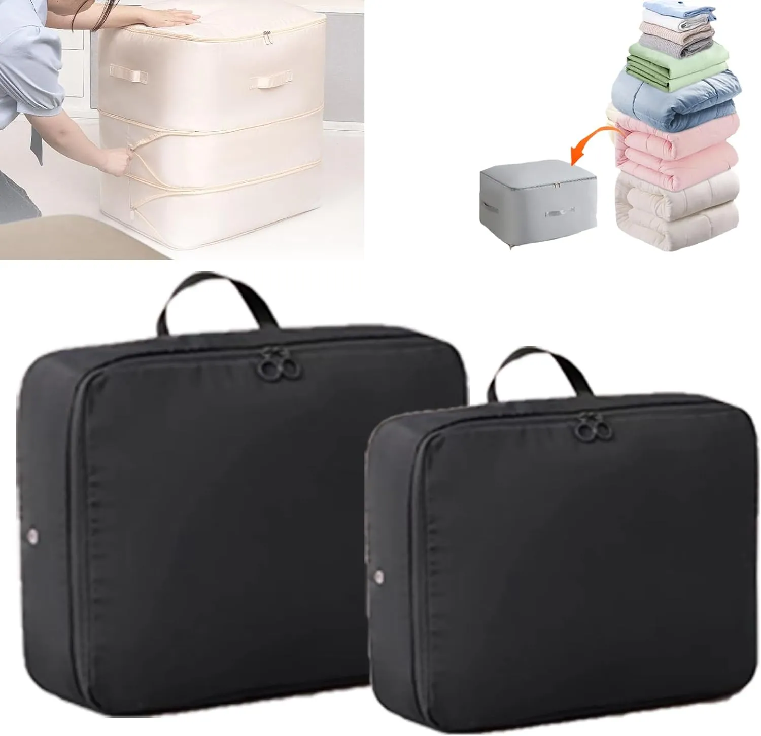 FETNHU Ultra Space Saving Self Compression Organizer, Heavy Duty Moving Bags, Travel Packing Organizers Storage Tote for Clothes Comforters,Blankets,Bedding (Black,L XL)