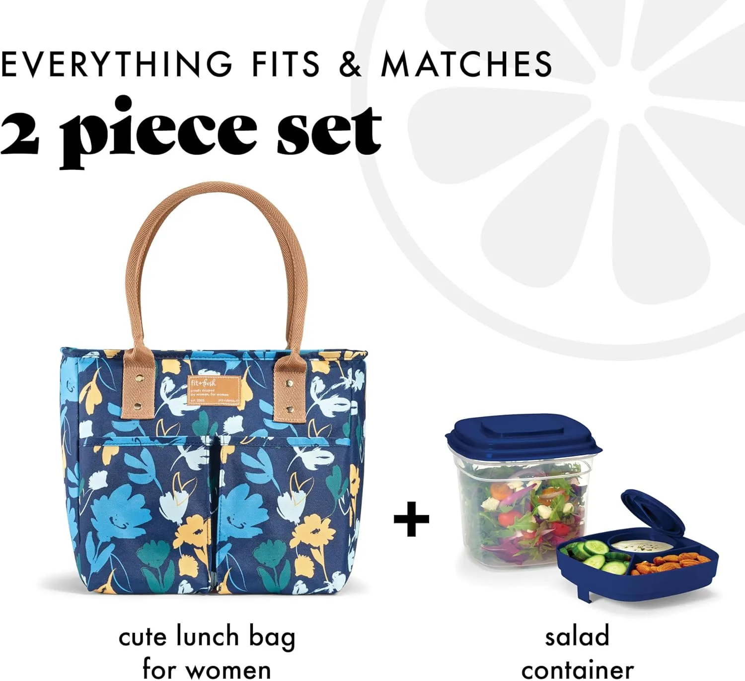Fit & Fresh Insulated Lunch Box For Women, Leakproof & Stain-Resistant With Container, Zipper, Two Exterior Pockets - Summerton Lunch Bag, Silo Navy