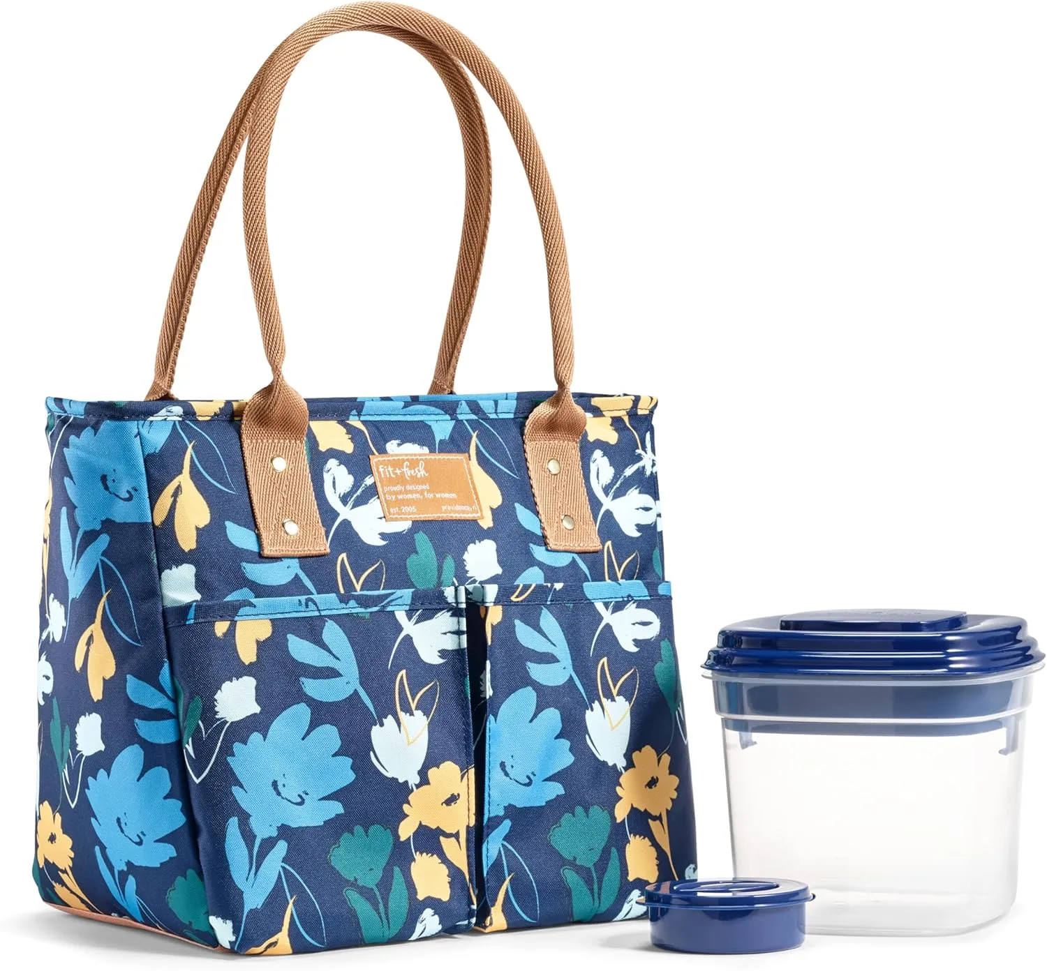 Fit & Fresh Insulated Lunch Box For Women, Leakproof & Stain-Resistant With Container, Zipper, Two Exterior Pockets - Summerton Lunch Bag, Silo Navy