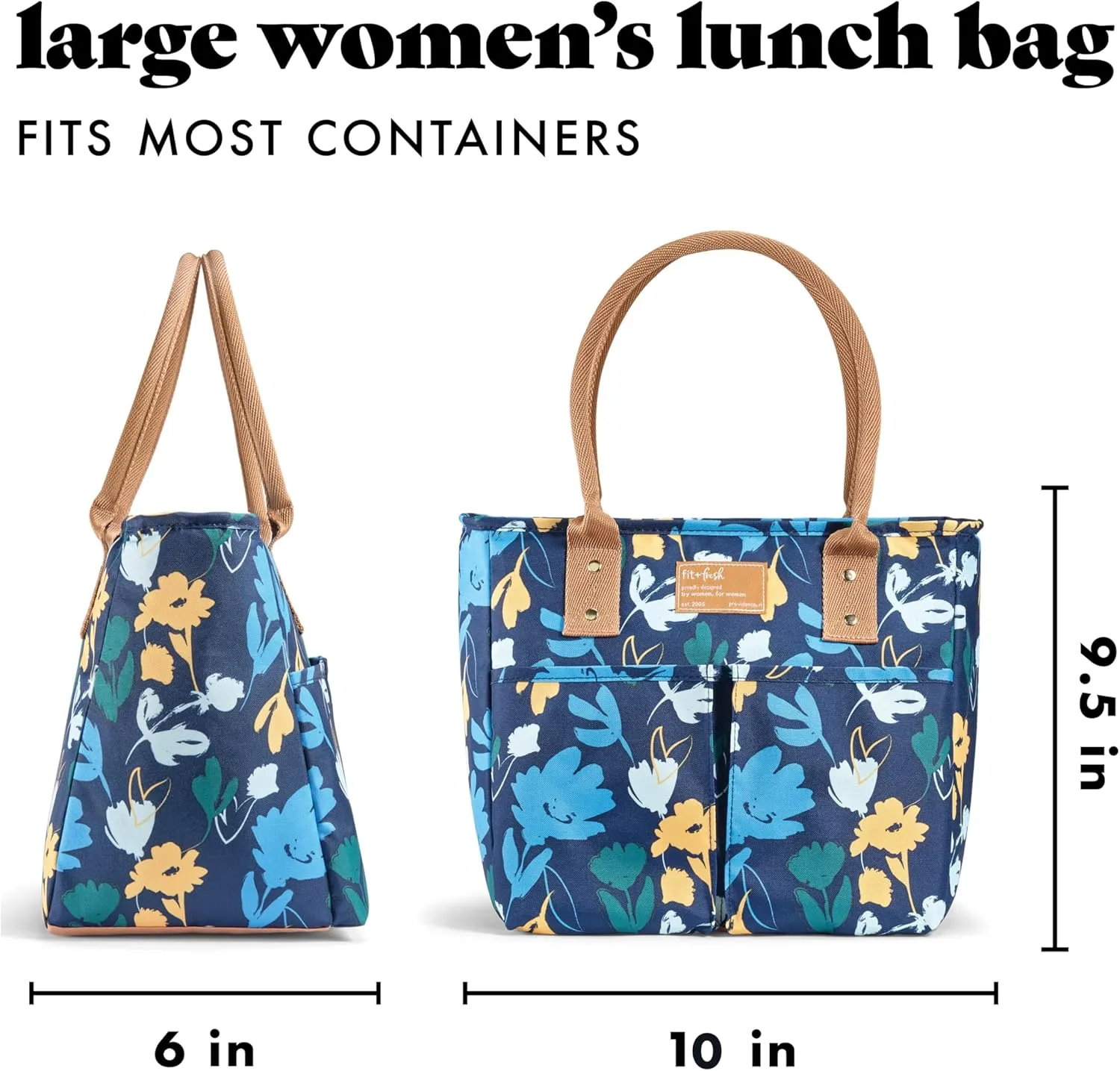 Fit & Fresh Insulated Lunch Box For Women, Leakproof & Stain-Resistant With Container, Zipper, Two Exterior Pockets - Summerton Lunch Bag, Silo Navy