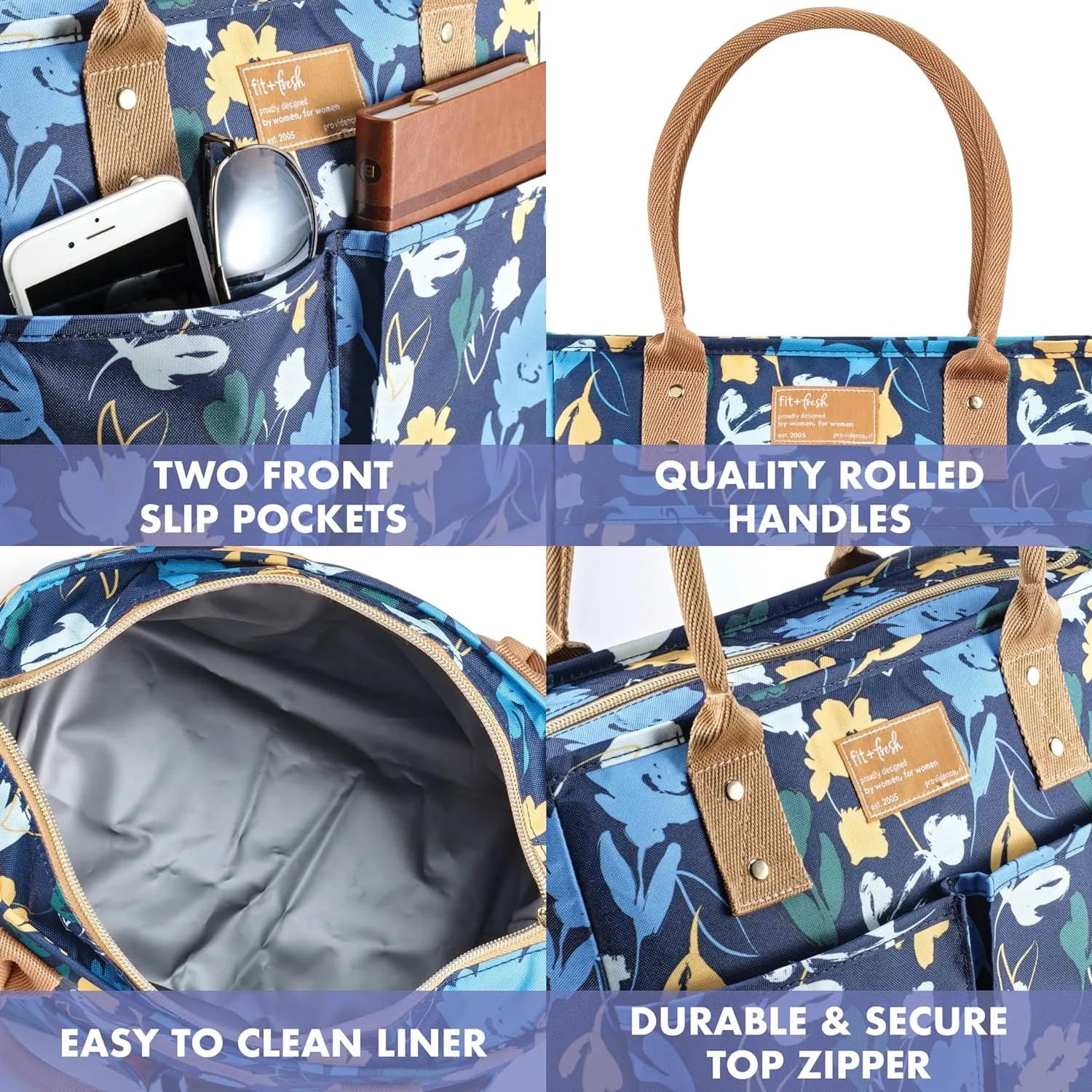 Fit & Fresh Insulated Lunch Box For Women, Leakproof & Stain-Resistant With Container, Zipper, Two Exterior Pockets - Summerton Lunch Bag, Silo Navy