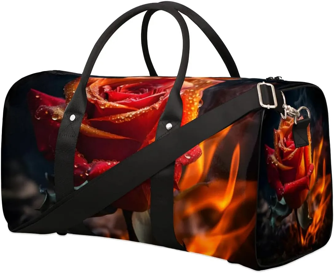 Flaming Roses Pattern Travel Duffel bag for Men Women Weekender Overnight Bag Gym Bag Carry On Luggage Bags for Yoga Workout Sports