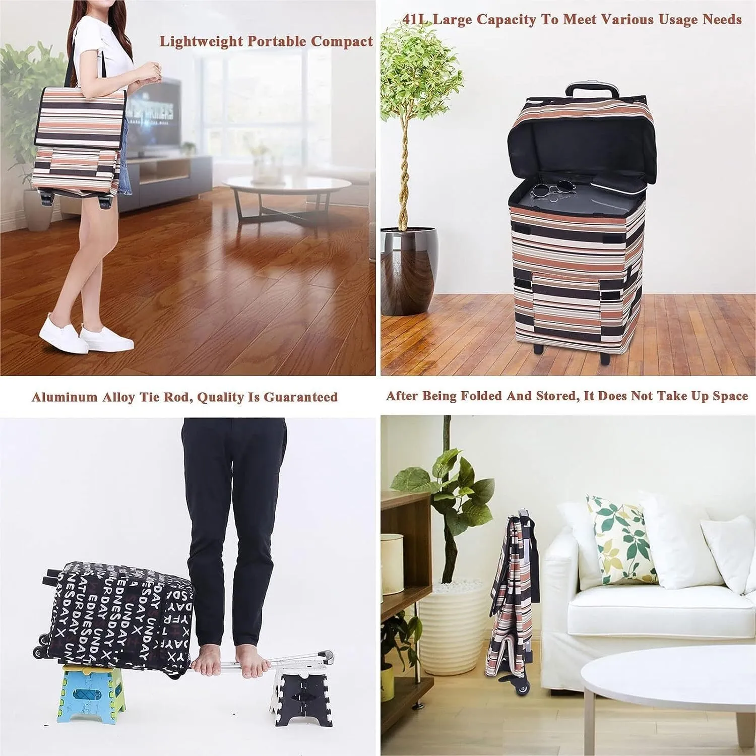 Folding Shopping Cart, Shopping Bag with Wheels Foldable Lightweight Trolley Bags for Groceries Waterproof Large Capacity Grocery Utility Carts, 97*34cm