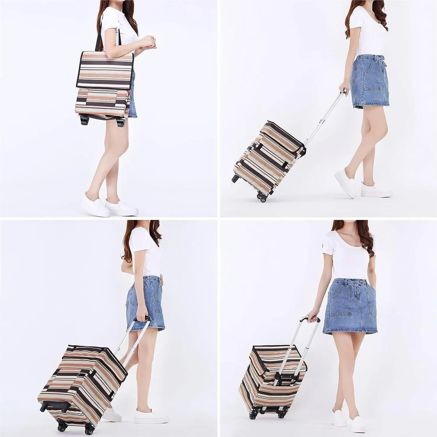 Folding Shopping Cart, Shopping Bag with Wheels Foldable Lightweight Trolley Bags for Groceries Waterproof Large Capacity Grocery Utility Carts, 97*34cm
