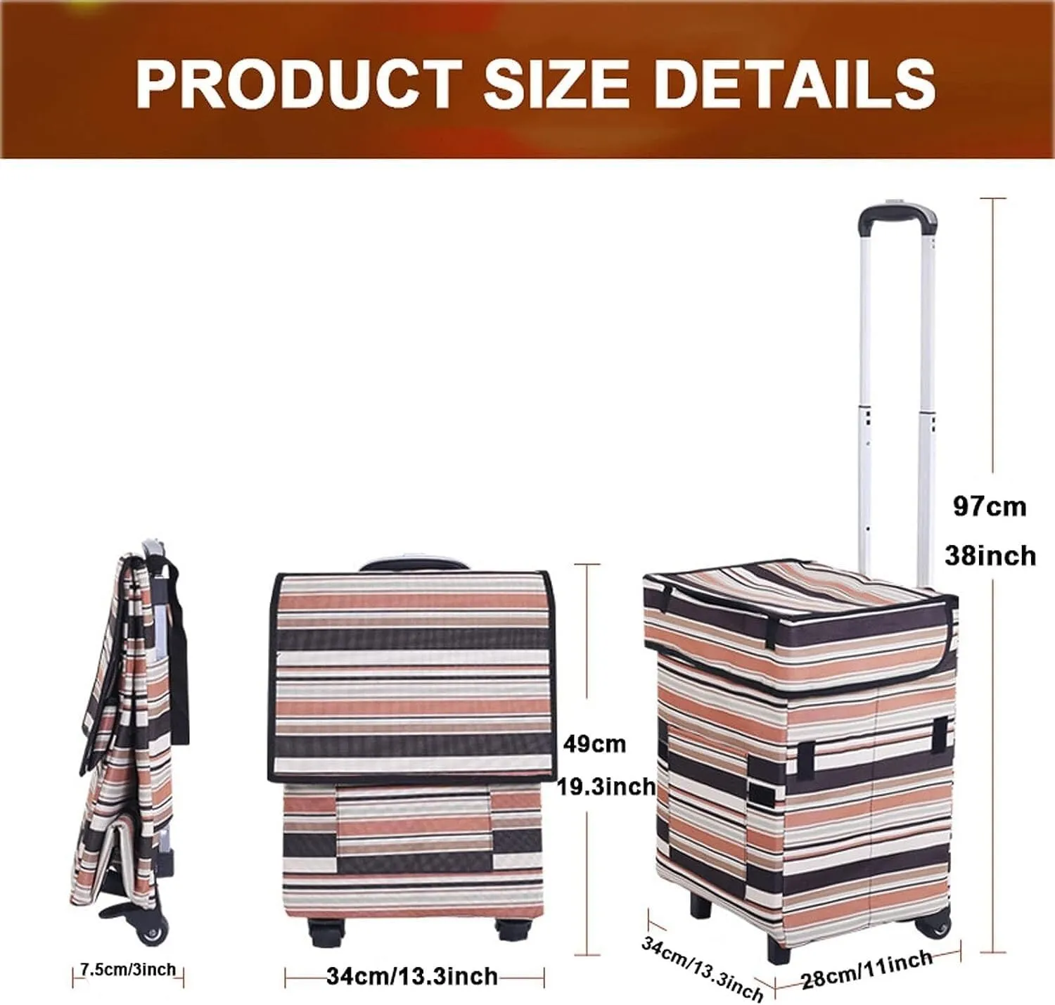 Folding Shopping Cart, Shopping Bag with Wheels Foldable Lightweight Trolley Bags for Groceries Waterproof Large Capacity Grocery Utility Carts, 97*34cm
