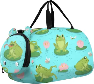 Frog and Aquatic Plants Pattern Gym Travel Duffel Bag with Shoe Compartment for Boys Girls - Gymnastics Sports Dance Football Travel Bag Teens Weekender Sleepover